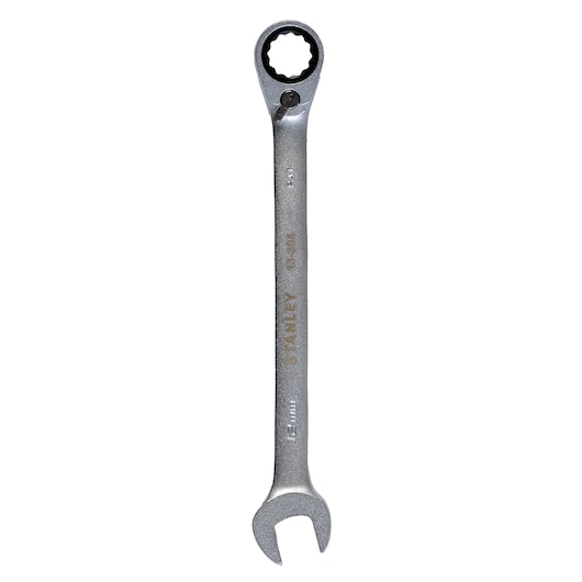 STANLEY 1-13-304 ratcheting combination wrench, silver metal, flat lay on white background, tool category.