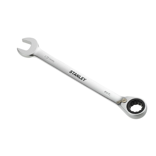 STANLEY 1-13-305 combination ratcheting wrench 13mm, silver, tool category, angled view, white background.