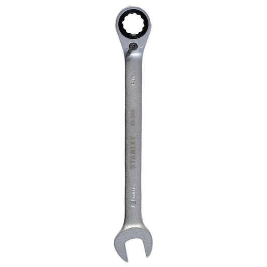 STANLEY 1-13-305 ratcheting combination wrench, silver, front view on white background.
