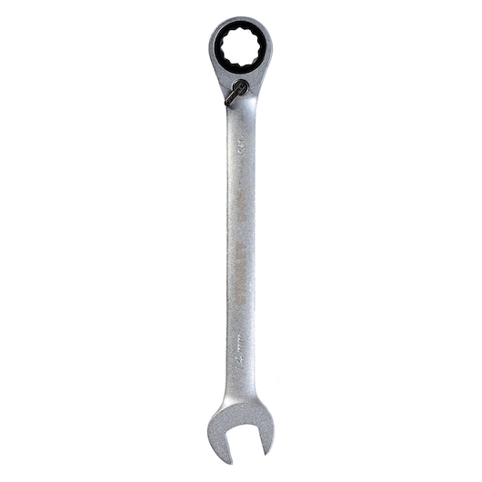 Photo of STANLEY 1-13-306 ratcheting combination wrench, silver finish, front view on white background.