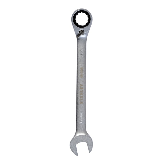 STANLEY 1-13-308 ratcheting combination wrench, silver, top-down view on white background.