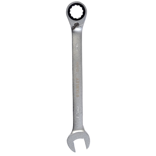 STANLEY 1-13-309 ratcheting combination wrench, silver, product photo, top-down angle