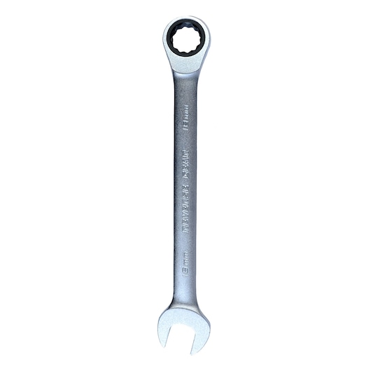 Photo of STANLEY 1-13-310 combination ratcheting wrench, silver, product view on white background.
