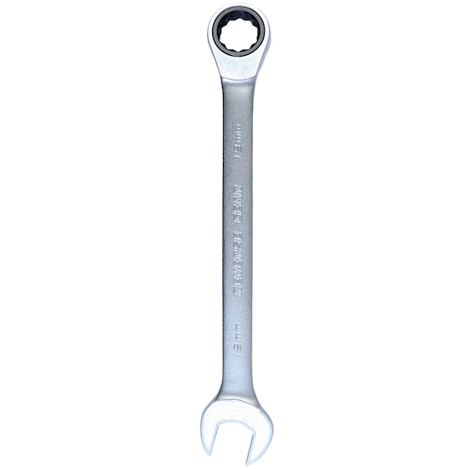 A silver combination wrench with open end and ratcheting ring end, shown against a white background.