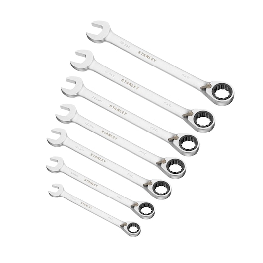 STANLEY 1-13-311 combination ratcheting spanner set, 7-piece, silver finish, top-down view on white background.