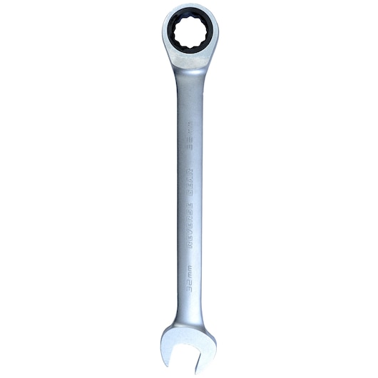 STANLEY 1-13-460 ratcheting combination wrench, silver, front angle on white background