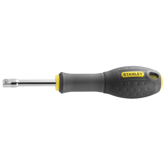 Stanley screwdriver with ergonomic black and yellow handle and metal shaft, shown isolated on white.