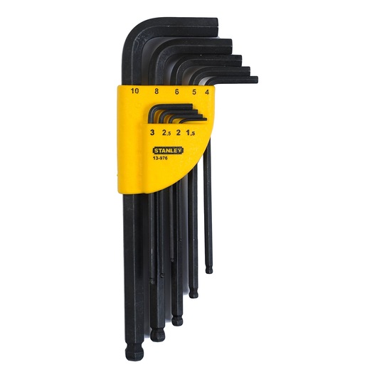 STANLEY set of black hex keys in a yellow holder, various sizes from 1.5 to 10mm, arranged in ascending order.