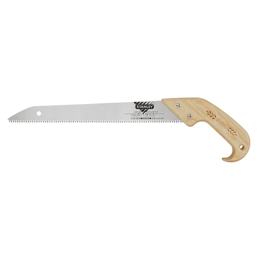 Stanley hand saw with a wooden handle and sharp blade, suitable for cutting wood and carpentry tasks.