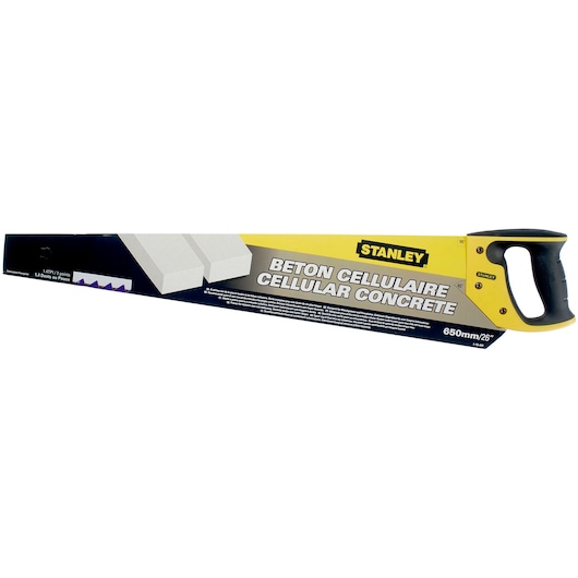 Photo of STANLEY 1-15-441 hand saw for cellular concrete, black and yellow handle, side angle on white background.