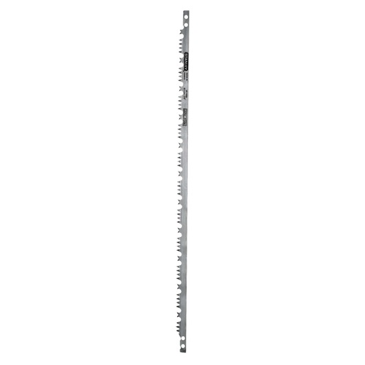 Stanley steel saw blade with sharp teeth, elongated shape and holes at both ends, suitable for woodworking tasks.