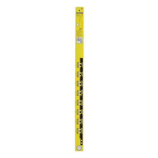 STANLEY 1-15-448 saw blade, yellow and black, straight front view on white background.