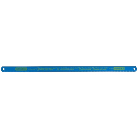 Stanley 1-15-559 super high speed steel hacksaw blade, blue color, flat angle, photography on white background.