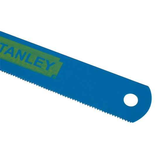 Blue STANLEY saw blade with fine teeth and a hole at the end for mounting or storage.