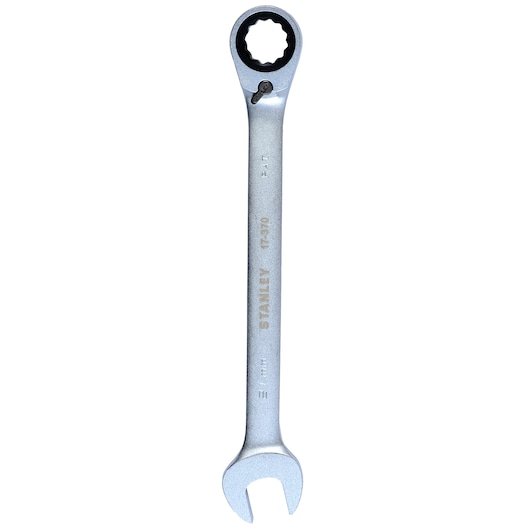 STANLEY 1-17-370 ratcheting combination wrench silver, front view, open and ratcheting box ends.