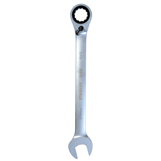 Silver ratcheting combination wrench with open and closed ends, shown upright on a white background.