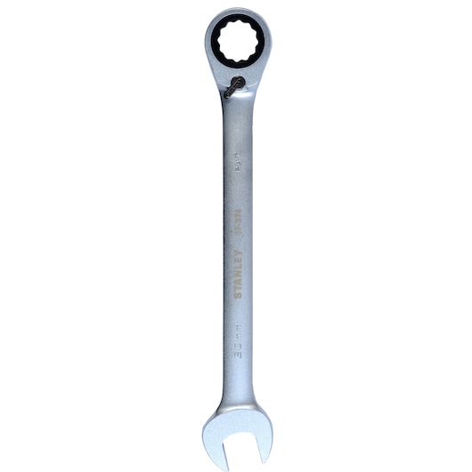 STANLEY 1-17-374 ratcheting combination wrench, silver, photographed from top on white background.