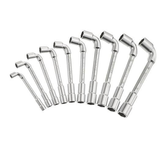 Set of nine STANLEY chrome double-ended box wrenches, arranged by size on a white background.