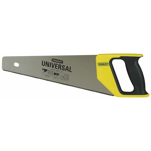 Stanley Universal hand saw with yellow and black handle, 15-inch blade, suitable for woodworking or cutting tasks.
