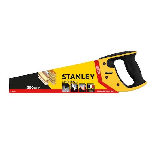 STANLEY 1-20-002 hand saw with yellow and black handle, 380mm blade, side angle, on white background.
