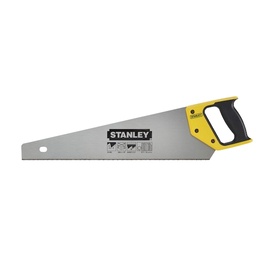 Hand saw with a yellow and black handle and STANLEY logo on the blade, used for cutting wood.