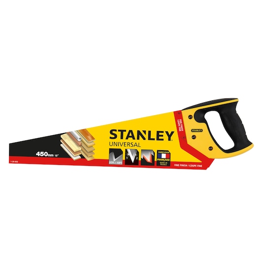 Photo of STANLEY 1-20-003 universal hand saw with black and yellow handle, 450mm blade, front angle.