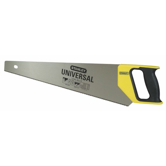 Stanley Universal hand saw with yellow and black handle and printed blade for cutting wood.