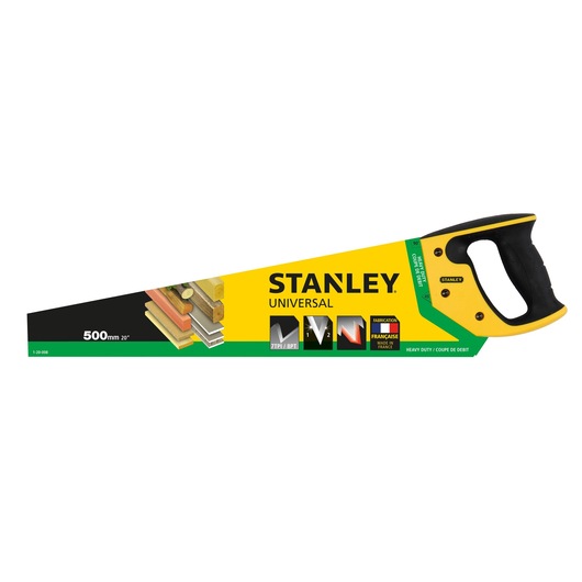 STANLEY 1-20-008 hand saw with black and yellow handle, 500mm blade, side angle, for wood and metal cutting.
