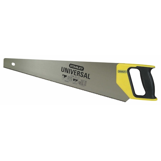 Stanley universal hand saw with black and yellow handle for cutting wood.