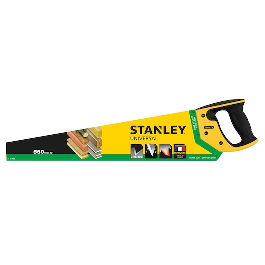 Stanley 1-20-009 hand saw with yellow and black handle, universal blade, side angle on white background.