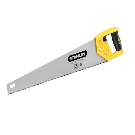Stanley hand saw with a yellow and black handle and silver blade for cutting wood.