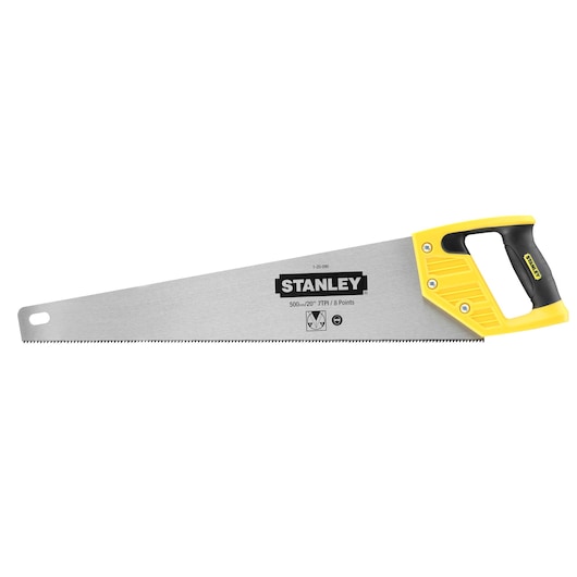 Stanley hand saw with yellow and black handle, steel blade, toothed edge for cutting wood, model 1-20-090.