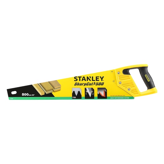 STANLEY 1-20-090 handsaw photography, yellow and black handle, straight blade, 500mm length, side angle.