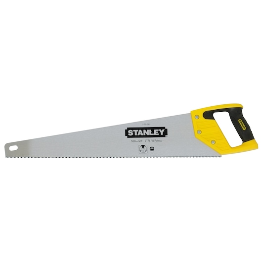 Stanley hand saw with a yellow and black handle and sharp steel blade, used for cutting wood.