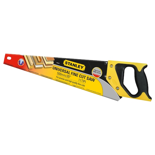 STANLEY 1-20-091 universal fine cut saw, 500mm, yellow and black handle, side view, photography.