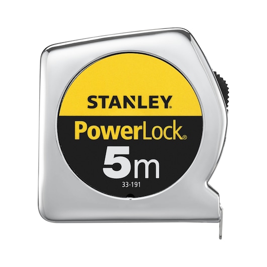 Photo of STANLEY 1-33-191 tape measure, 5m, PowerLock model, chrome case, front angle on white background.