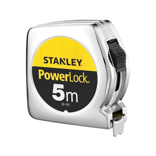 Photo of STANLEY 1-33-191 tape measure, PowerLock 5m, silver casing, front angle on white background.