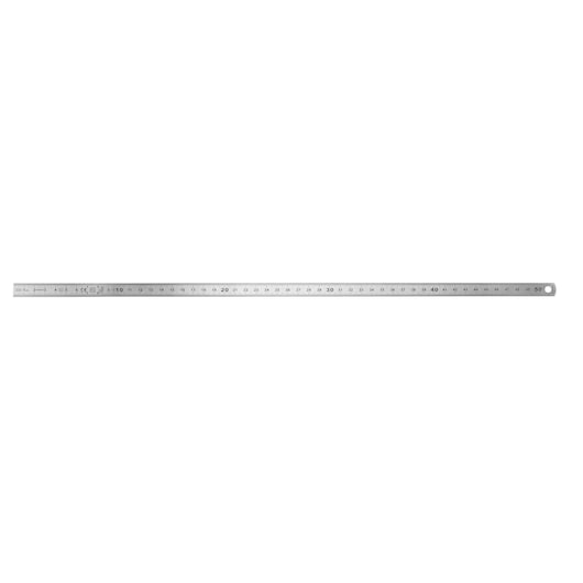 A metal ruler with metric markings up to 50 centimeters, designed for precise measuring tasks.