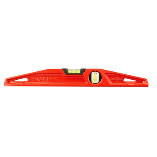 Photo of STANLEY 1-42-312 red spirit level with two vials, front view on white background.