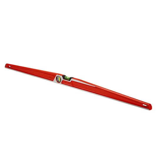 Red spirit level with built-in vial and ergonomic design for accurate leveling tasks.
