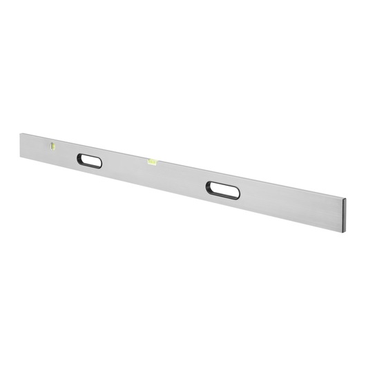 Long metal spirit level with two handles and bubble vials for accurate leveling in construction tasks.