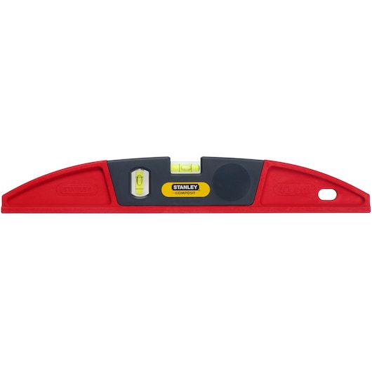 Stanley composite spirit level with red and black body, two vials for horizontal and vertical measuring, 40cm length.
