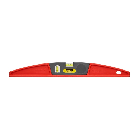 Stanley red 50cm spirit level with central vial, used for checking horizontal alignment.