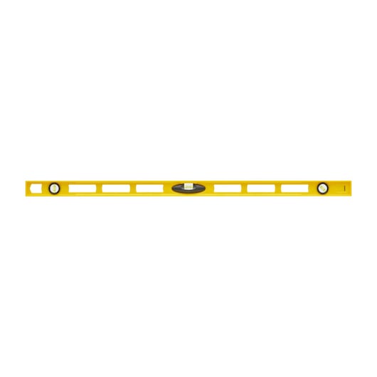 STANLEY 1-42-471 yellow spirit level tool, three vials, front angle, photography category.