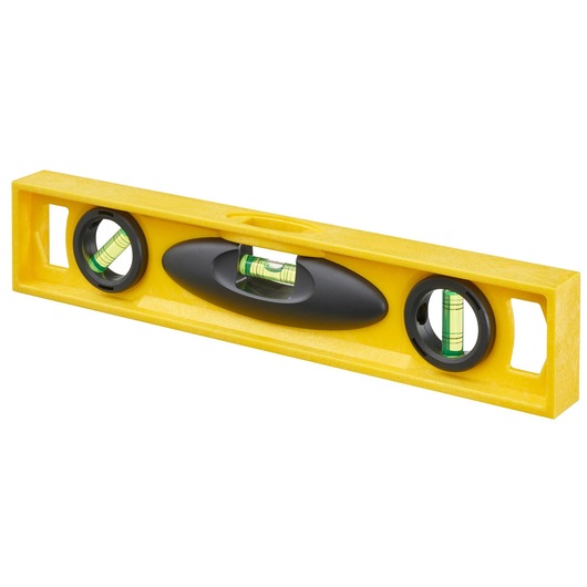 Photo of STANLEY 1-42-474 yellow plastic spirit level with three vials, angled product view.