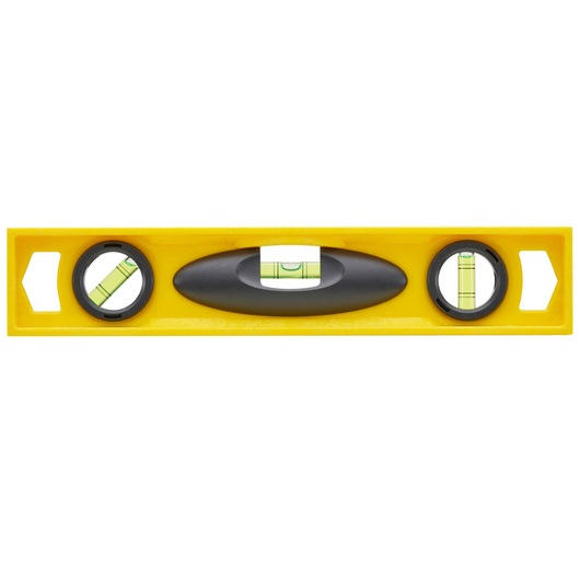 STANLEY 1-42-474 yellow spirit level with black handle, three vials, front angle, photography tool.