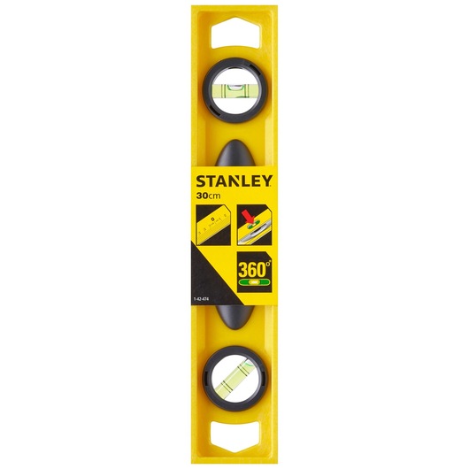 Stanley 1-42-474 yellow 30cm spirit level, photography front angle, two bubble vials, plastic frame.
