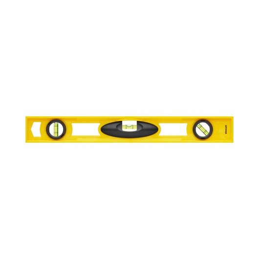 STANLEY 1-42-475 yellow spirit level with three vials, top view, white background.
