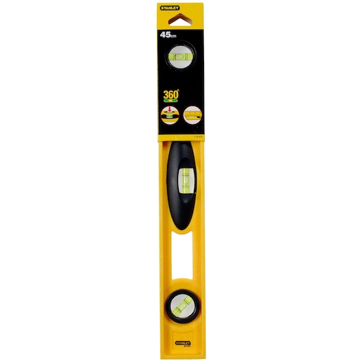 STANLEY 1-42-475 yellow 45cm spirit level with three vials, front product photography on white background.