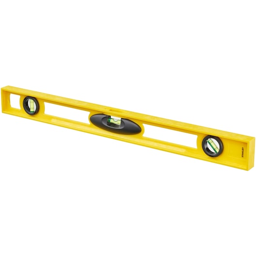 Yellow Stanley spirit level with three bubble vials for leveling surfaces.
